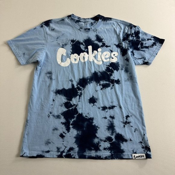 Mens Cookies Graphic Blue Tie Dyed Shirt Side Medium Short‎ Sleeve Casual - Picture 1 of 11